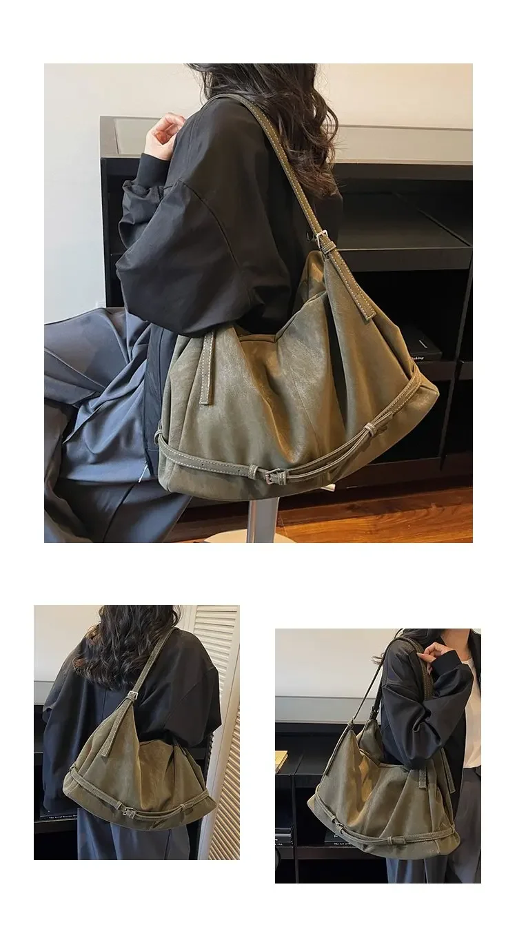 CEEKAY Damen Hobo-Tasche, dunkelbraun, Wildleder-Textur, große Schulterhandtasche, seitliches Schnallendetail, Reißverschluss, für den täglichen Pendelverkehr, lässig – Detail 2