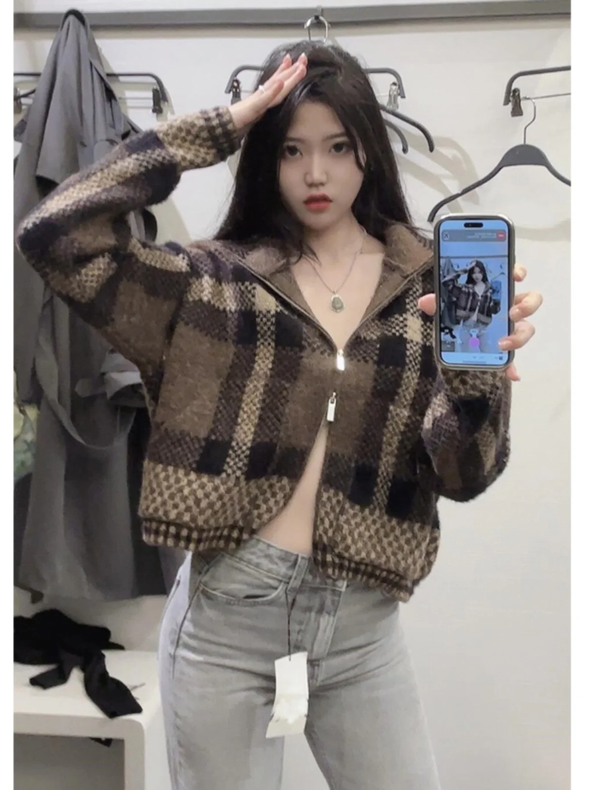 

Ladies Thiened Brown Plaid ort Knitted Sweater Coat with Double Zipper Autumn Winter Faion Casual Loose Fit Women's Out...