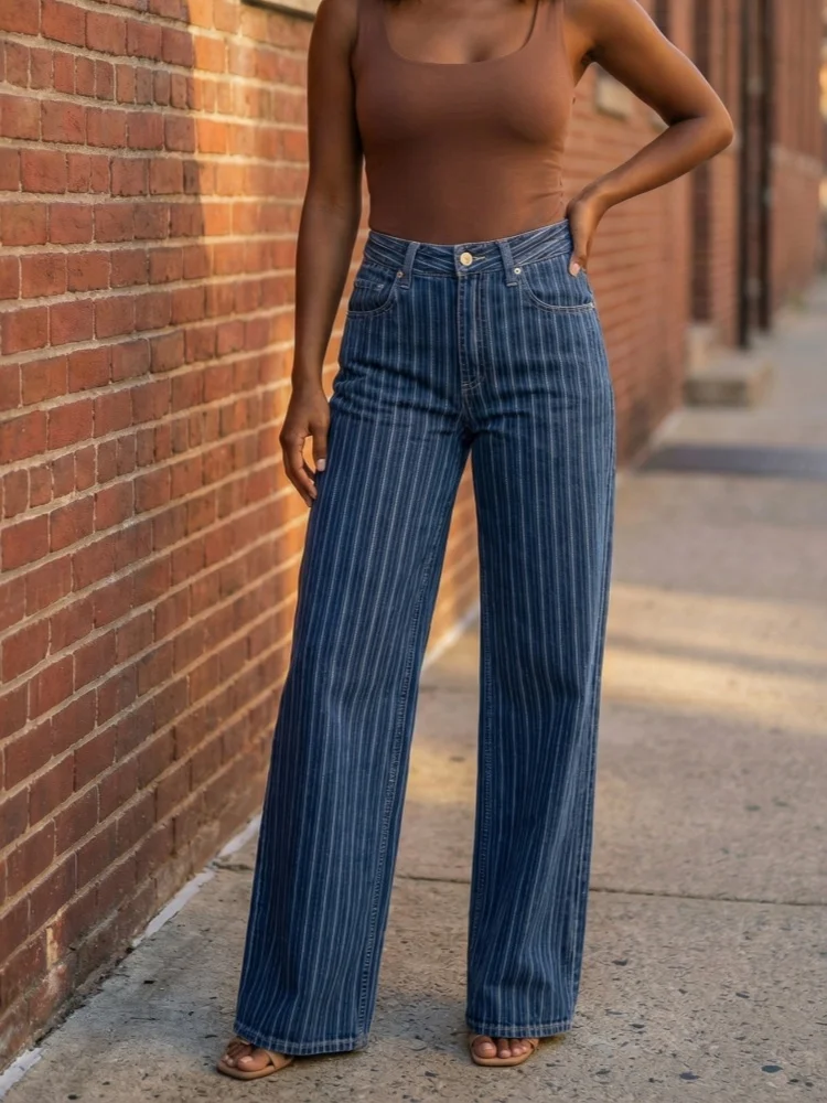 

2026 Ropa Y2K Fashion Vintage Blue Striped Baggy Women's Jeans Pants For Woman Clothing Straight Korean Casual Denim Trousers