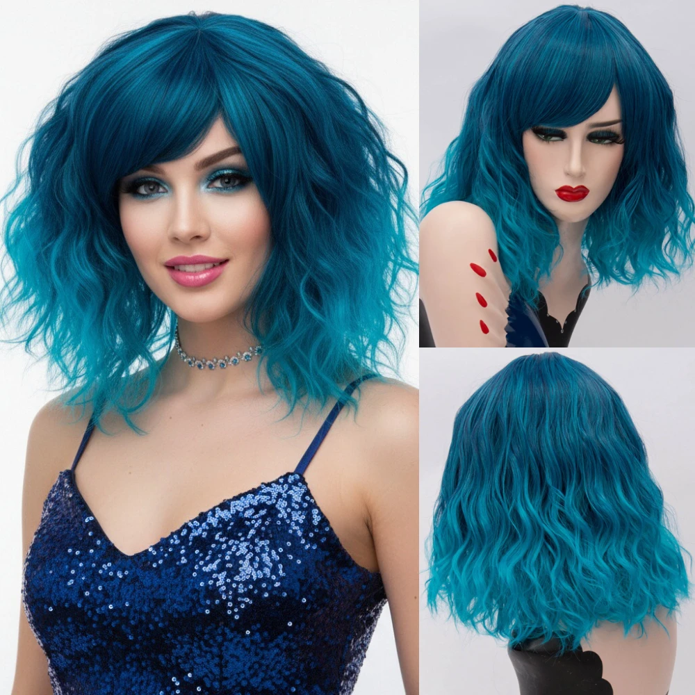 باروكة بوب زرقاء مموجة قصيرة ساحرة: شعر صناعي مقاوم للحرارة لمشاعر النساء الجريئة والحفلات