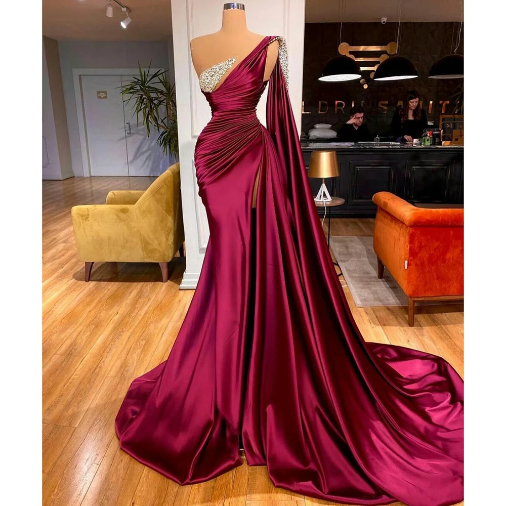 Elegant One Shoulder Evening Dress Crystal Pleats Side Split Mermaid Prom Gowns Custom Made with Wrap Party Dresses