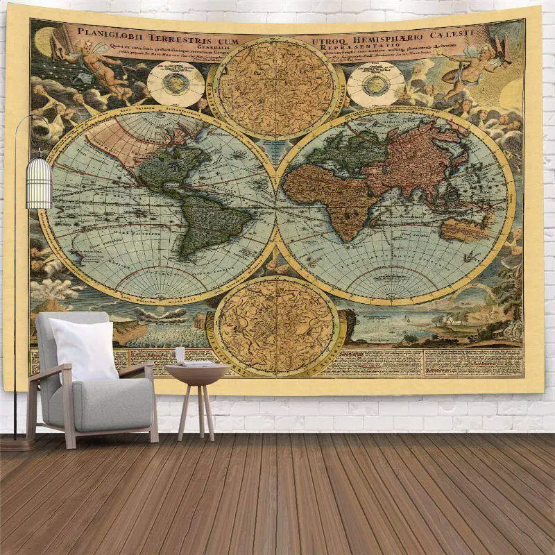 VIKAMA Polyester Vintage Antique World & Asia Map Tapestry, Retro Travel Wall Hanging, Study Bedroom Decor, Gift