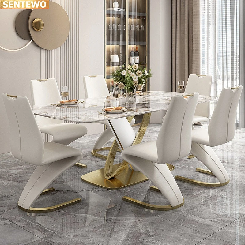 Designer Luxury kitchen room Marble Rock Slab dining table set 4 6 chairs mesa de jantar comedor tisch Stainless steel gold base