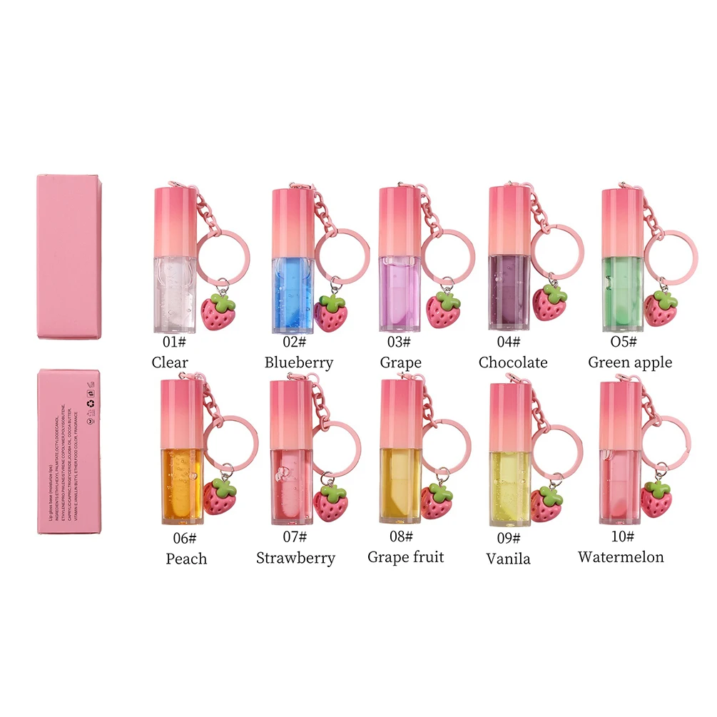 Private Label Lip Oil Custom Logo Strawberry Pendant Keychain Lipgloss Fruity Natural Color Moisture Plumping Makeup Wholesale