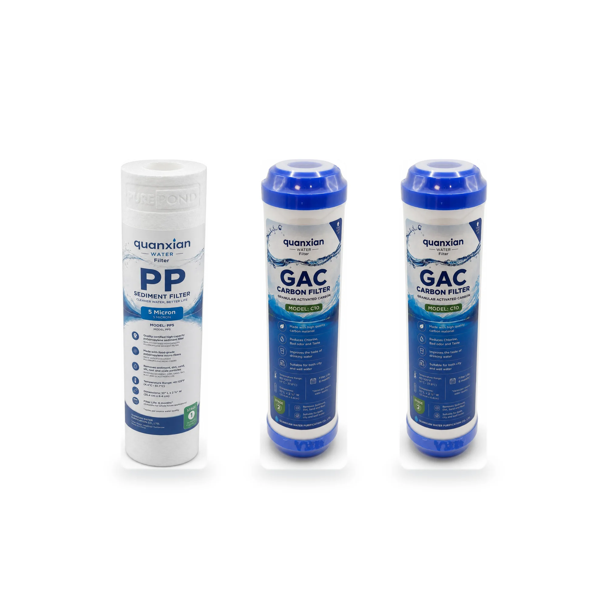 10 x 2.5 Inch 3-Piece Water Filter Cartridge Set, 1 PP Sediment and 2 GAC Activated Carbon Replacement Filters