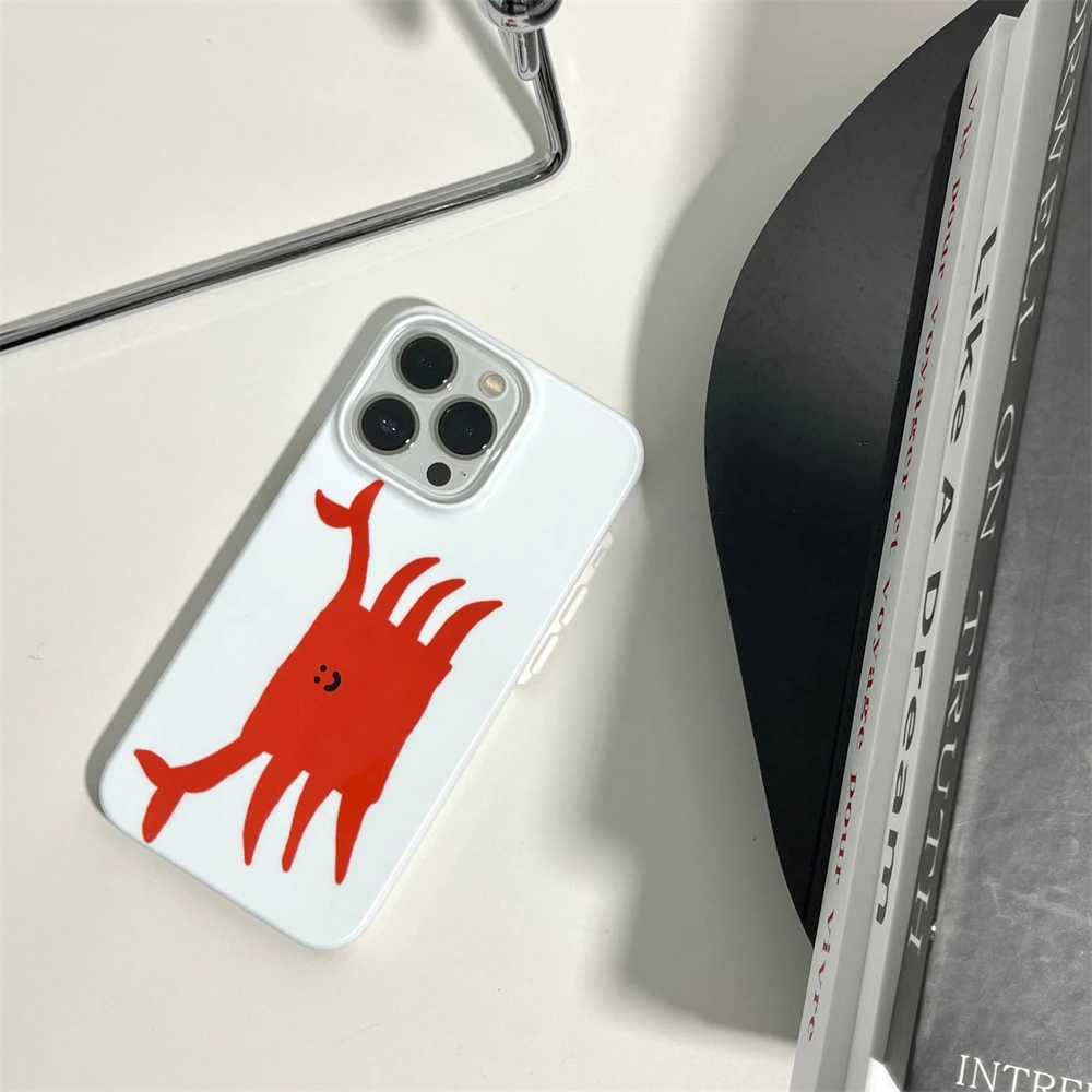 Ins Korean Cute Simple Graffiti Red Crab Phone Case for iPhone 16 15 14 13 12 11 Pro Max XS XR XSMax 6 7 8 Plus Glossy HD Cover