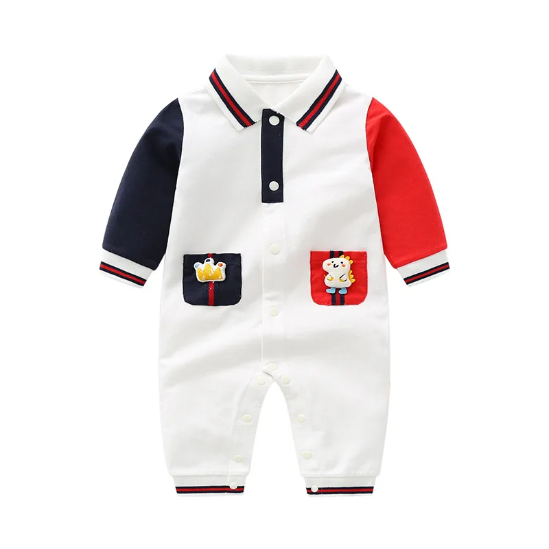 Baby Jumpsuit Spring Autumn Long Sleeve Handsome Contrast Cartoon Newborn Boys Bodysuit Cotton Polo Collar Infant Boy Romper