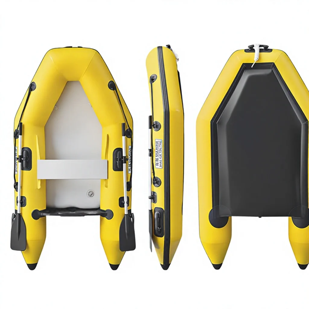 China Professional PVC Yellow Inflatable Fishing Boat 2.3m 3.8m Armor Bottom Covered Aluminum Boat Bottom And Brushed Bottom