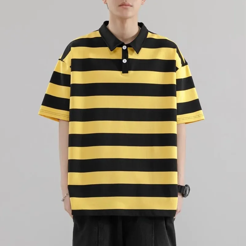 LIBIELIY Summer Short Sleeve Striped Polos Shirts Men Anti-Wrink Turn Down Collar Casual Polos Male Sports Tees Couple Tops Stre