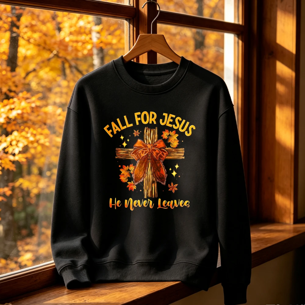 Herbstlicher Pullover mit Kreuz und Jesus-Motiv, der niemals verlässt, Unisex, Damen, Herren, Geschenk, gemütliches Oberteil