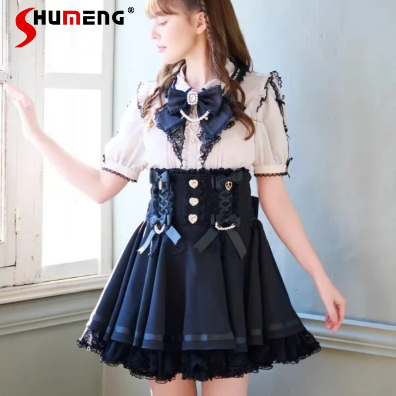 Japanese SC Mine Series Shirt Mass-Produced Lolita Sweet Bow Chain Heart Pendant Blouse Summer Short Sleeved Y2k Sweet Blusas