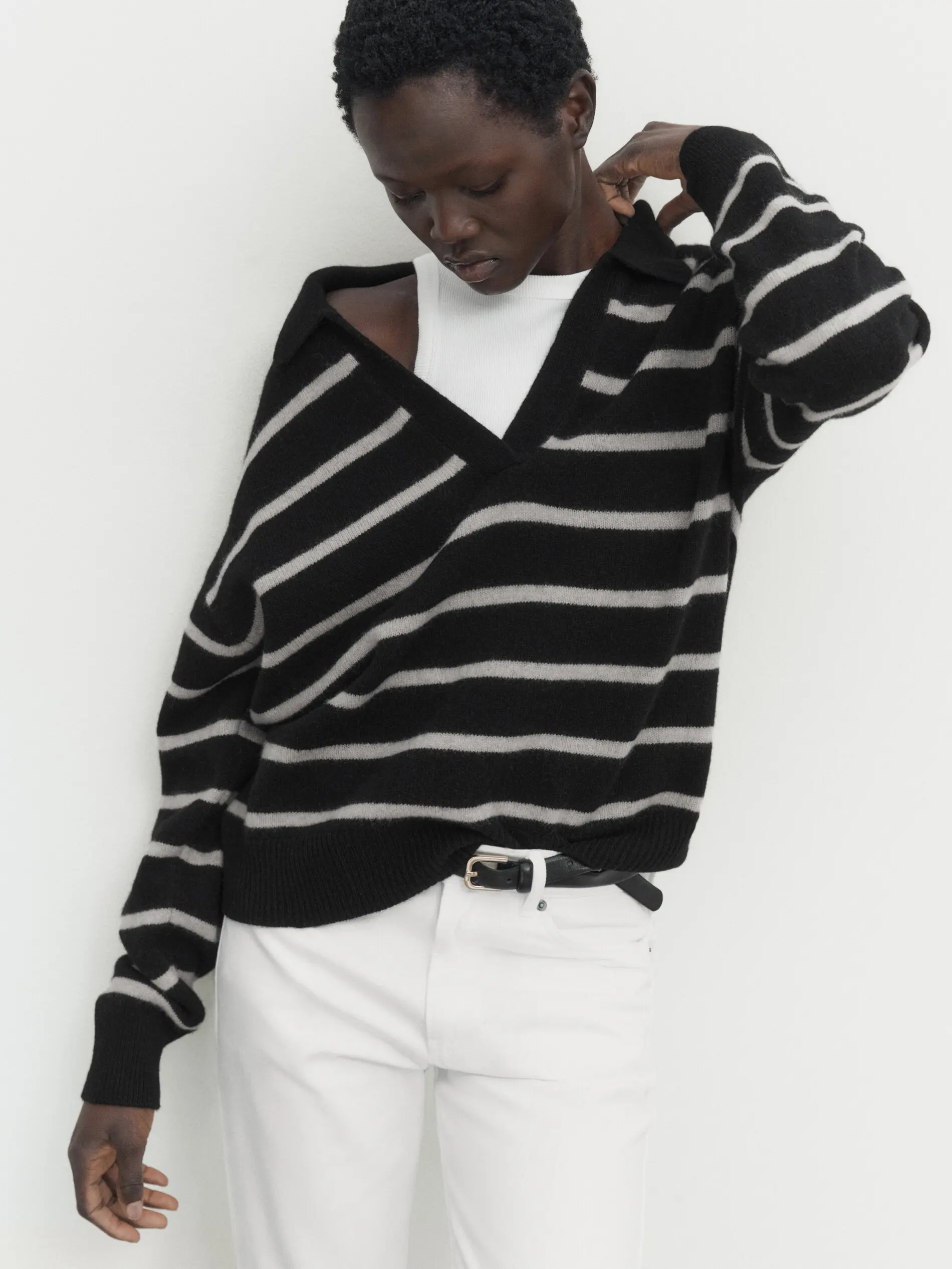 Ethereal MD 2023 autumn new style of Women\'s casual lazy soft waxy wool blend striped Polo neck sweater