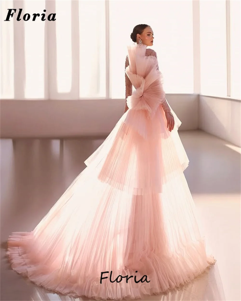 Princesa 3d flores vestido de baile árabe dubai formal babados saia mangas compridas vestidos de noite vestidos de festa de noivado personalizado