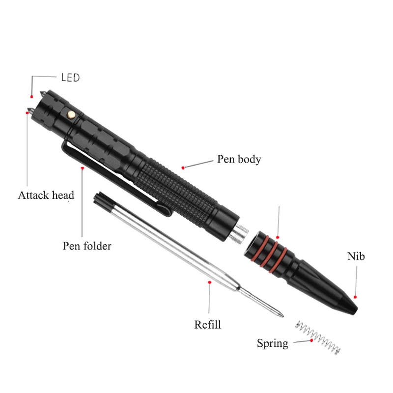 Caneta de defesa tática embutida, caneta de sobrevivência tática edc multifuncional de led