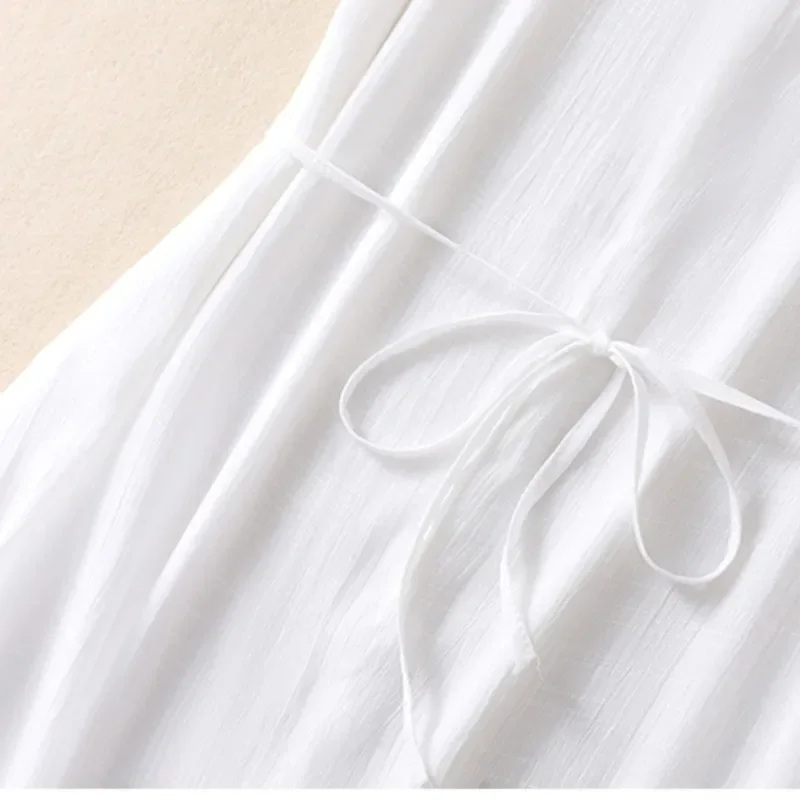 Vestido midi sexy de camada dupla com gola redonda, sem mangas, algodão, linho, linha A, fino, sexy, vintage # 6513 Vestido regata branco de verão