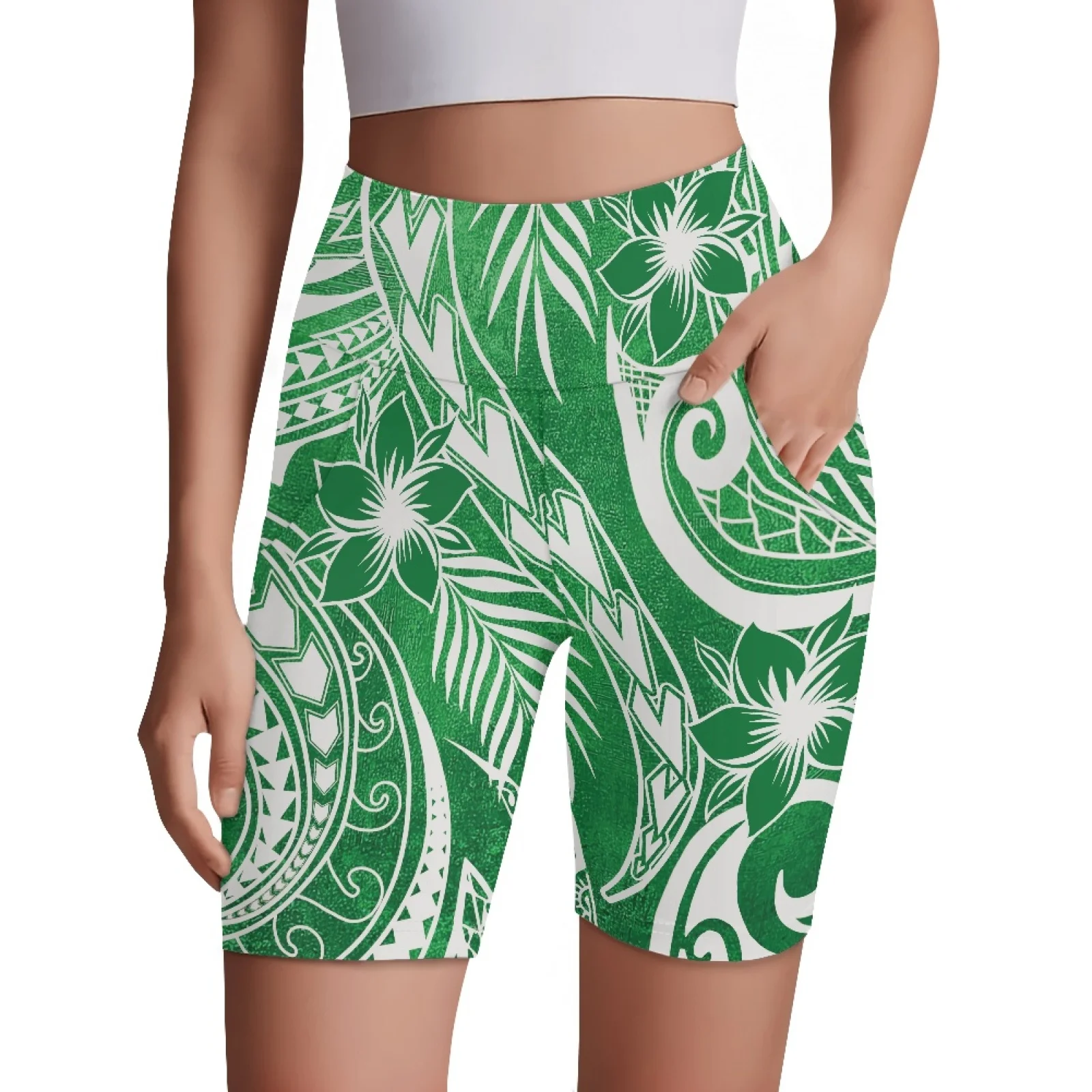 Pantalones cortos con estampado Tribal polinesio para mujer, pantalones cortos de talla grande con bolsillo, entrenamiento de gimnasio, correr, Yoga, pantalones elásticos de tres puntos para ciclismo