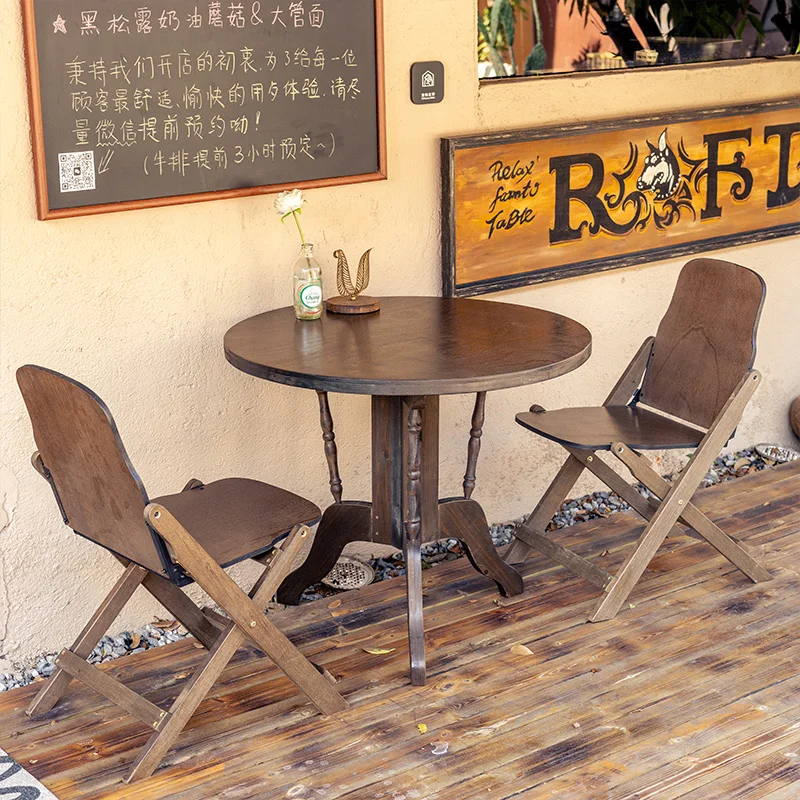 Retro Dining Table Round Table and Chairs Outdoor Table Coffee Shop Milk Tea House Solid Wood Indoor Coffee Tables