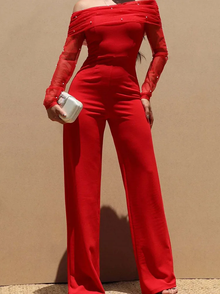

Doyerl Off the Shoulder One Piece Jumpsuit Women Elegant Evening Slash Neck Mesh Long Sleeve Rompers and Jumpsuits Club Party