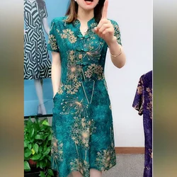 Summer Printing Fashion Short Sleeve Midi Dress Women High Street Casual Elegant Vintage Chinese Style Chic All-match Vestidos