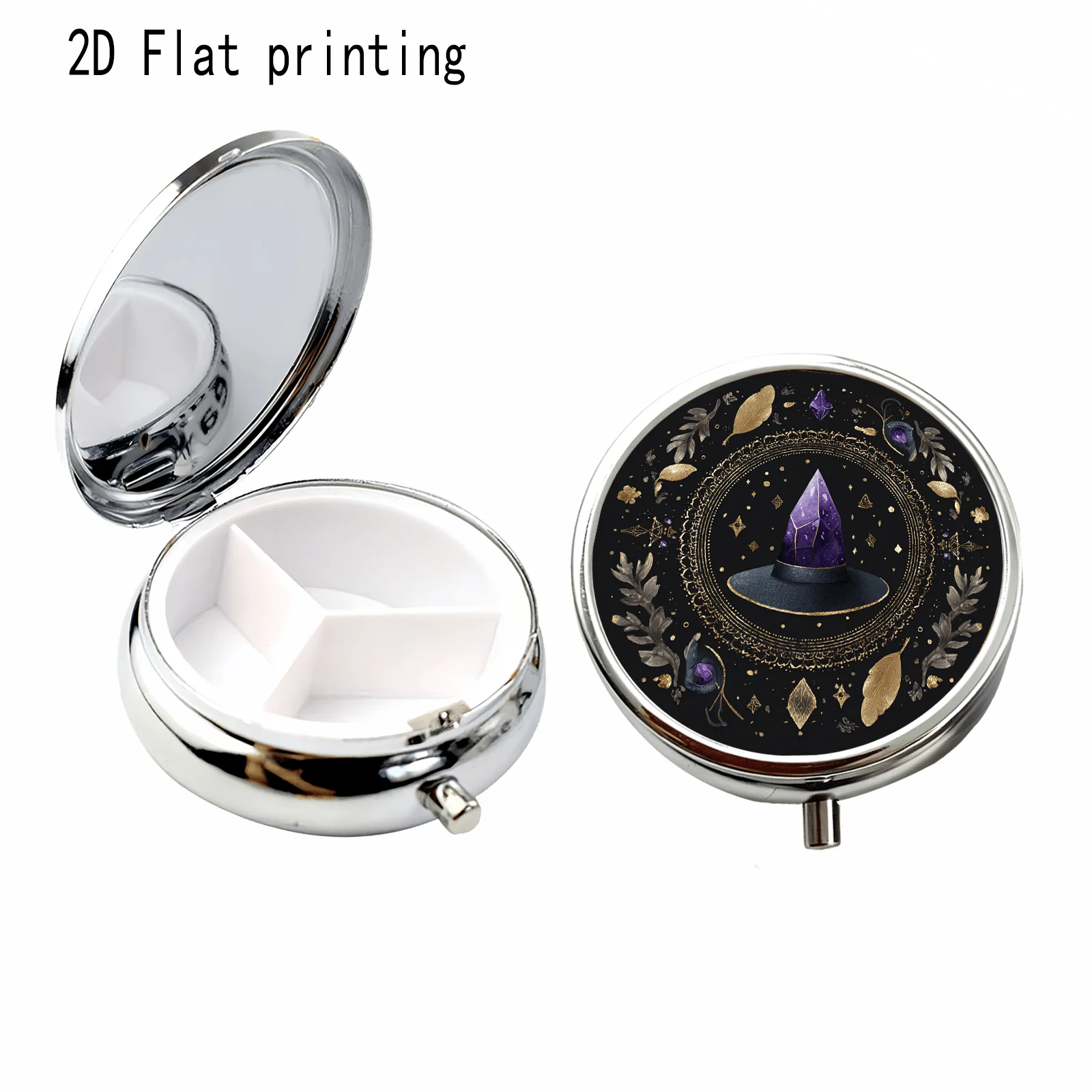 1Pc, Flat, Black Base with Amethyst Witch Hat and Gold Pattern Design, Round Three-Compartment Small Pill Box, Portable Medicine Storage, Small Jewelry Organizer, Suitable for Handbags or Travel, Holiday Gifts, Souvenirs, Prizes, Small Gifts, Suitable for Personal Use or as an Exquisite Gift Option