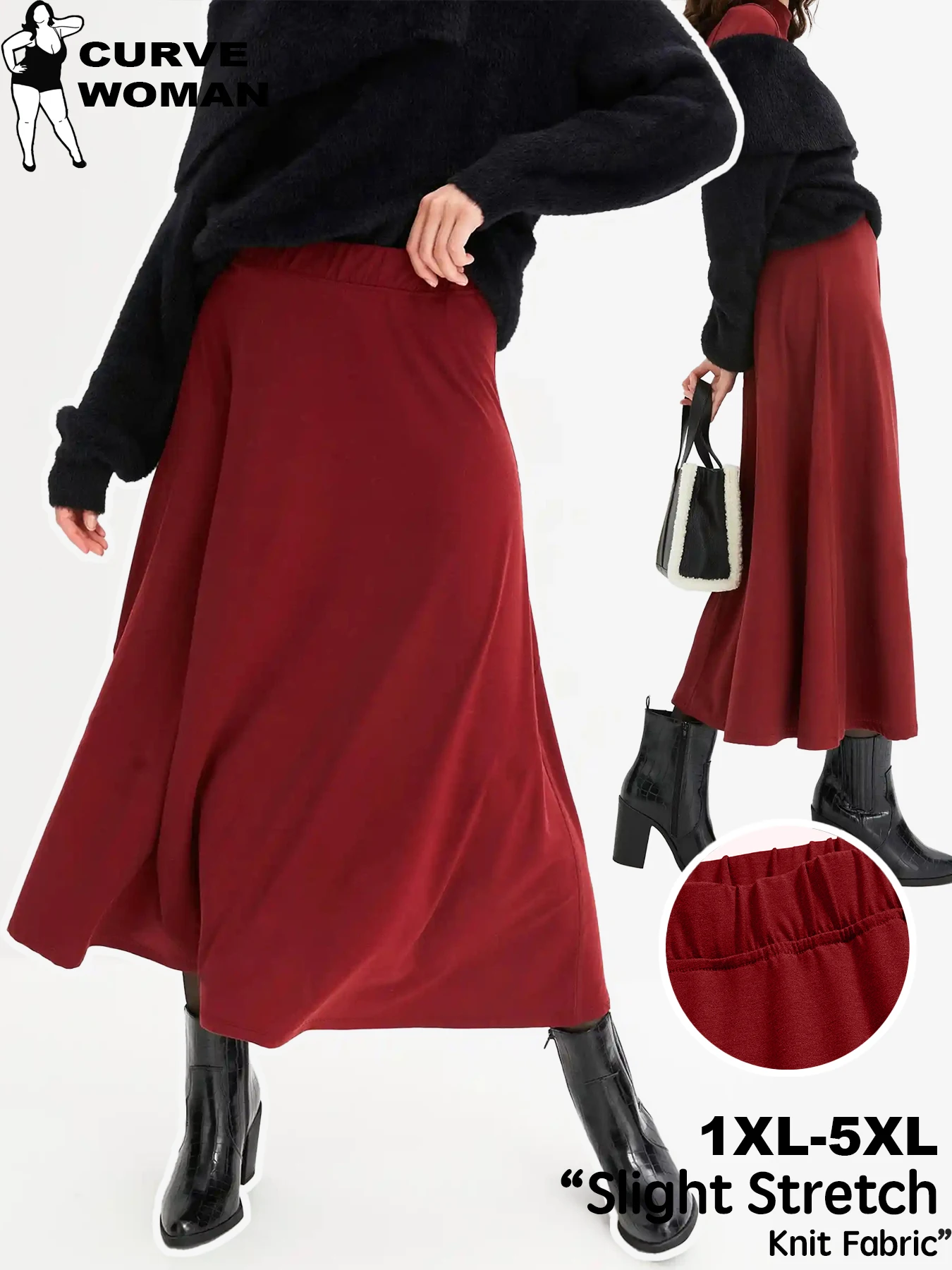 

Women's Burgundy Midi Skirt, Semi-Stretch Knit A-Line with Flowy Hem. Comfortable Elastic Waist for Office & Casual Outing