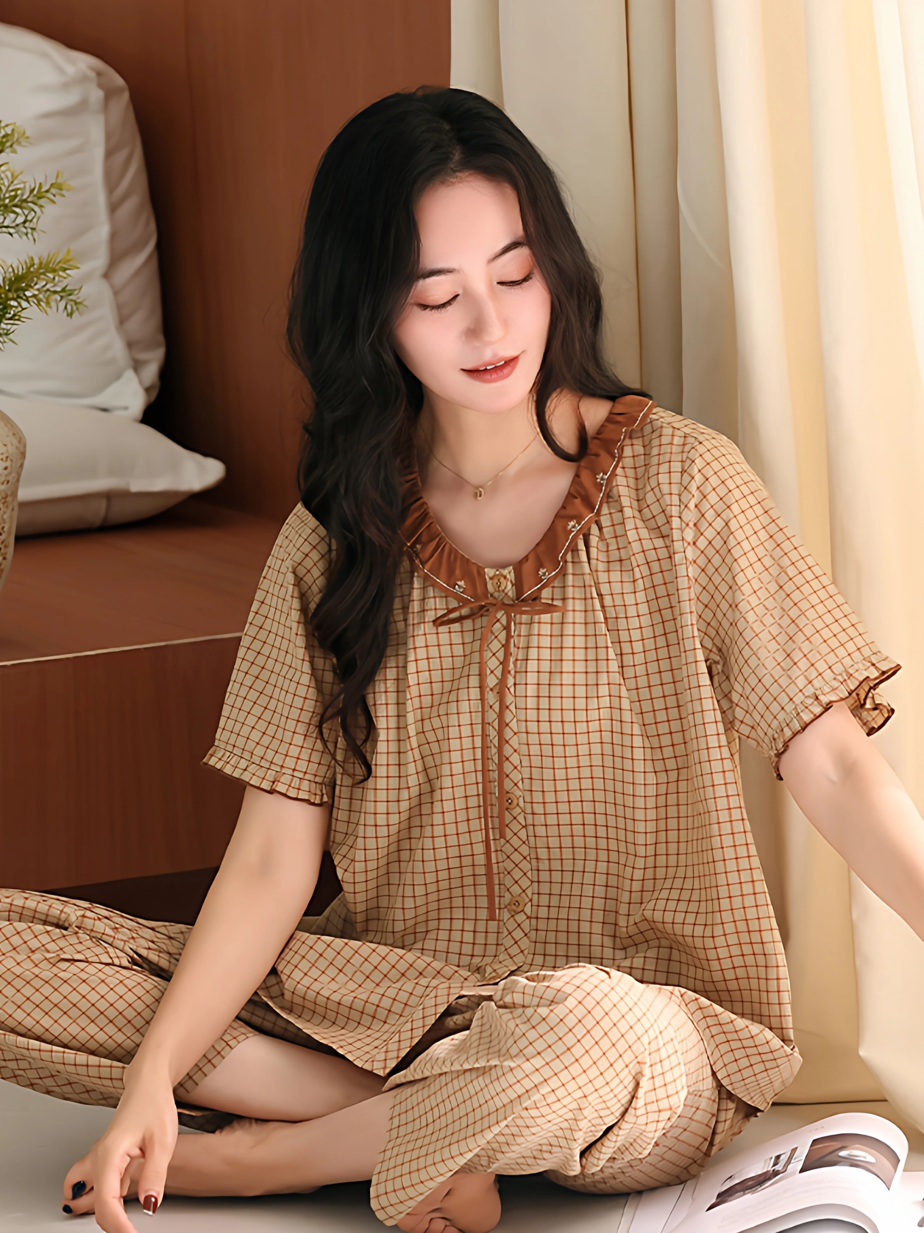 summer-sleepwear-women's-casual-loose-thin-cotton-woven-short-sleeve-plaid-open-cardigan-home-clothes-set-comfortable-breathable