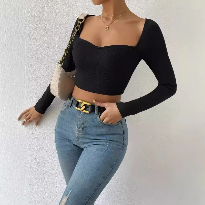 ผู้หญิงถักหน้าอกต่ําPullovers Crop Pulloversเสื้อกันหนาวผอมเซ็กซี่Slimสแควร์คอเสื้อถักแขนยาวจัมเปอร์Top