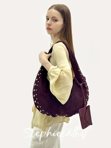 SC Women Luxury Rivets Decoration Hobo Faux Suede Fabric Magnet Closure Single Strap Shoulder Bag Purse Daily Elegant Fashion