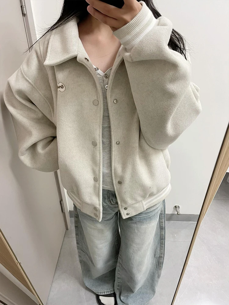 

Шерстяная бейсбольная куртка в американском стиле ретро, женская осенне-зимняя свободная повседневная куртка для ленивых пар, женское пальто Faion ort Out...