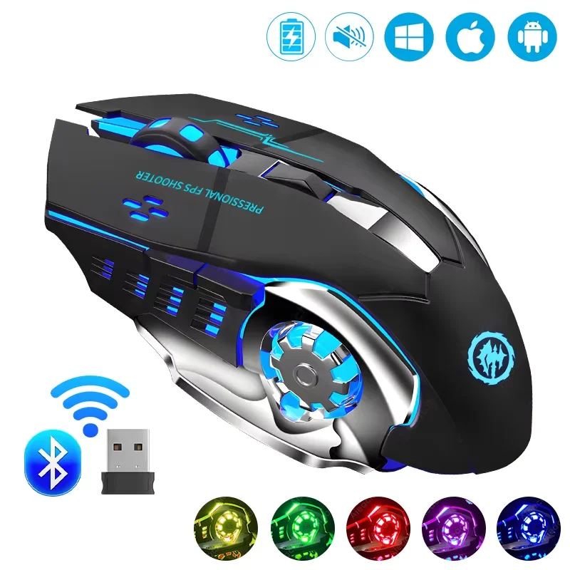 Recarregável sem fio mouse para jogos computador silencioso bluetooth mouse usb mecânico e-sports