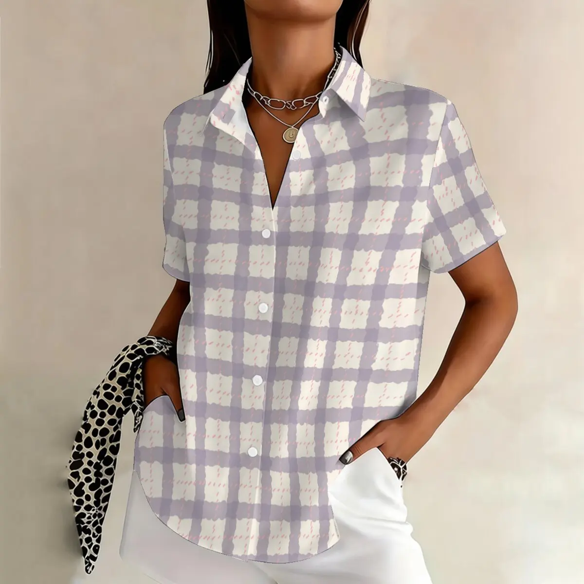 

Summer women's plus-size short-sleeve shirt,purple plaid pattern,elegantand delicate,suitable for parties,casualwear