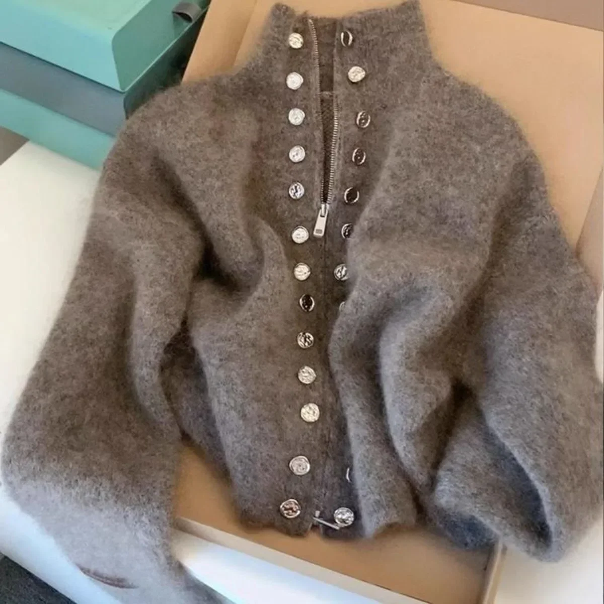 

Heavyweight Zipper Thickened Autumn Winter Knitwear Jacket Women's Double Button Grey Lazy Stand Collar Top Full Sleeve