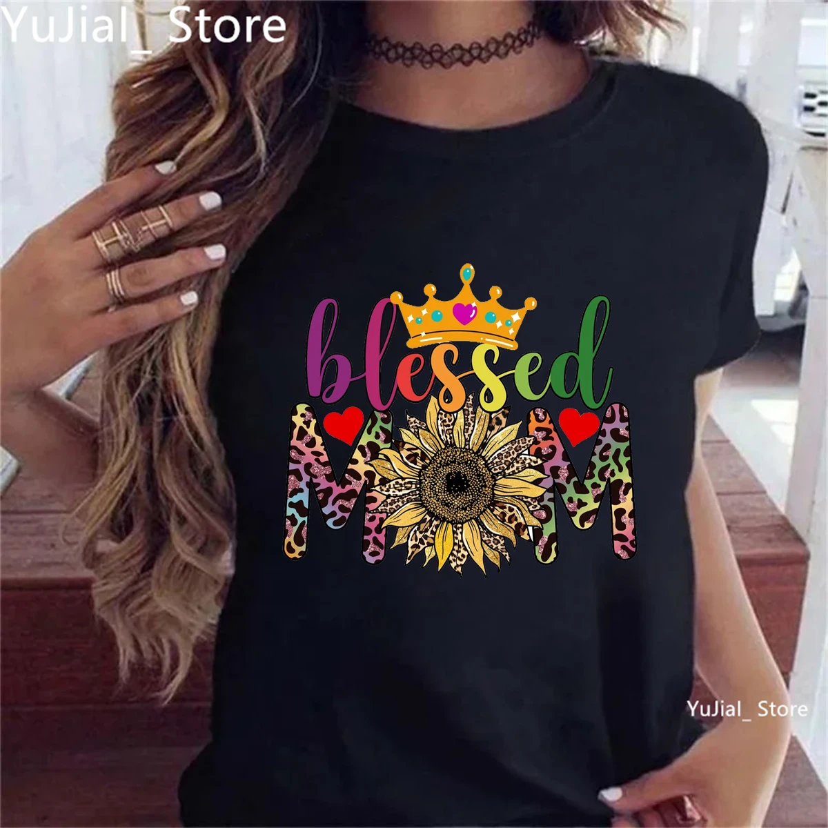 Crown Queen Blessed Mom Leopard Love Sunflower Printed T Shirt Women Mother'S Day Gifts Super Mom T-Shirt Femme Summer Tops