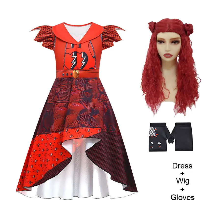 The Rise Of Red Cosplay Costume For Teenager Girl Dress Halloween Descendants 4 Child Up Frock+Wig 4pcs Set Kid Tunic Clothes