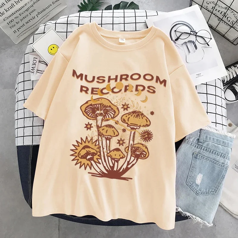 Cotton Retro Hoa Mai Nấm Dễ Thương T Áo Sơ Mi Cổ Tròn Thường Ngày Mùa Hè Người Phụ Nữ Áo Phông 2022 Nấm Retro Thời Trang Dạo Phố Bộ Quần Áo