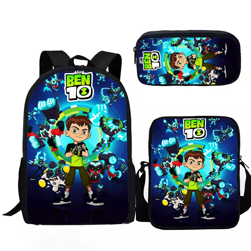 배낭 3D 프린트 학교 학생 책가방, 노트북 데이팩 숄더백, 연필 케이스, 만화 노벨티 쿨 Ben10, 세트당 3 개