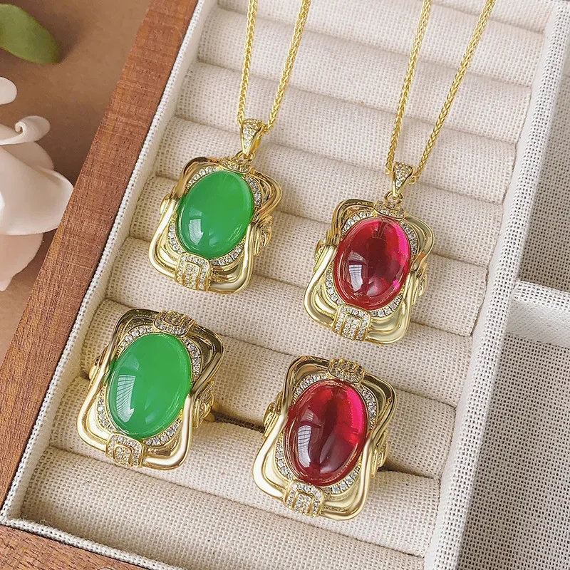 

Luxurious Adjustable Oval Gemstone Ring Necklace Gold with Green Red Stones Elegant Jewelry for Women Ideal for Parties and Gift