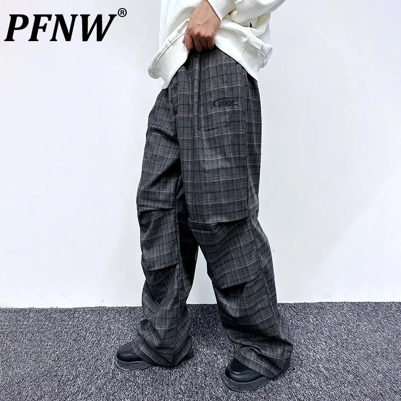 

PFNW Plaid Pleated Niche Design Male Pants 2024 Autumn Straight Leg Loose Casual Pants Trendy Versatile Men Trousers New 28W4378