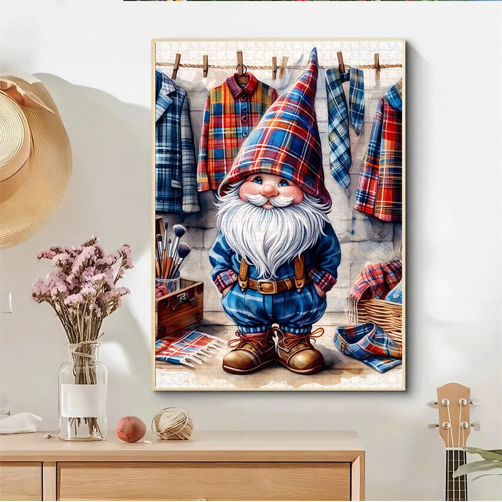 1000pcs Gnome Puzzle Toy - Large Paper Jigsaw with Vibrant Plaid Hat & Boots, Whimsical Garden Scene, Ideal for Adults & Famil