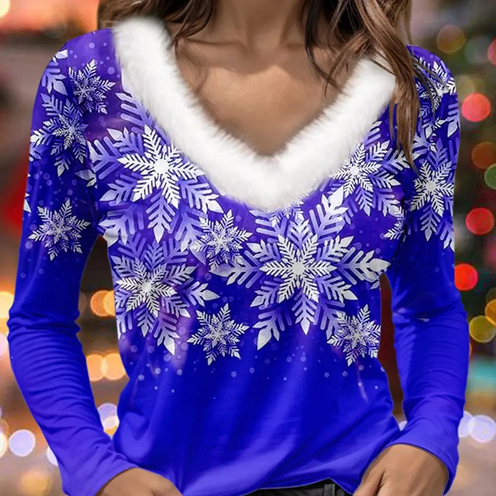 

Женские футболки, осенне-зимние удобные шикарные стильные модные повседневные футболки с длинным рукавом и v-образным вырезом с принтом 2024 года