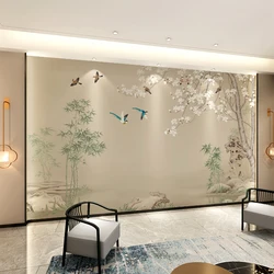 Customized products New Chinese hand-painted flower and birds sofa 3D mural TV background wall decorative wallpaper waterproof