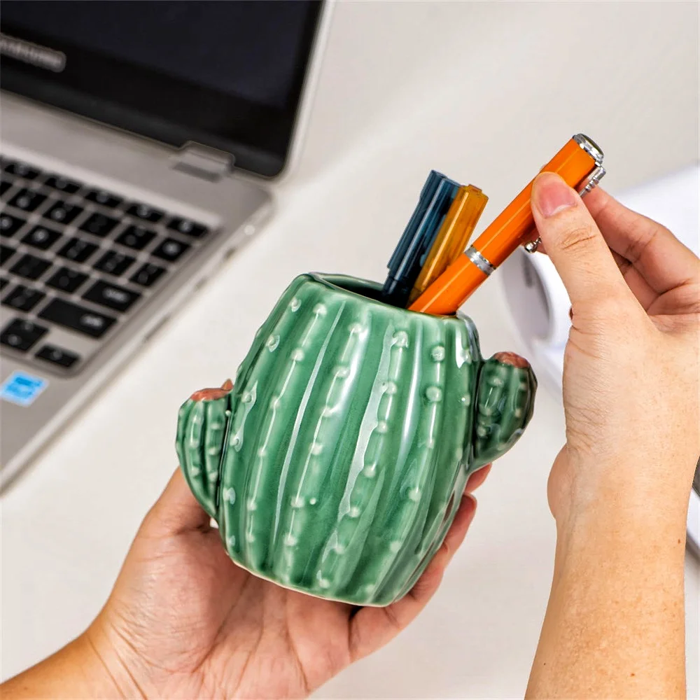 1 PC Cactus Ceramic Pen Holder Stand Cup Pencil Holder Organizer Makeup Brush Holders for Home Office Desk Green White Cactus