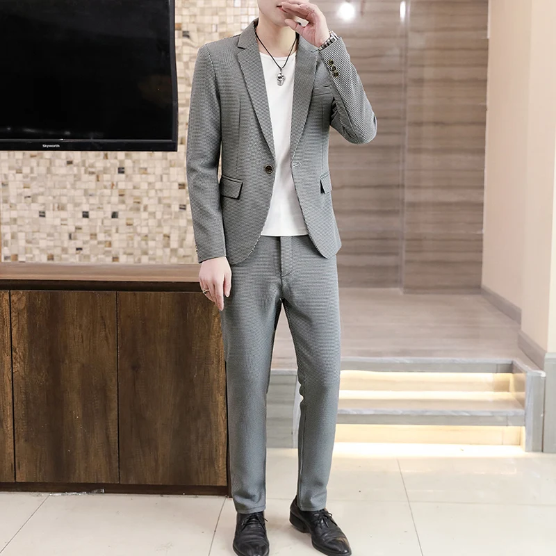 Business Casual Striped Suits Jacket & Full-Length Pant Slim Fit 2-Piece Solid Men's Sets European-Style Dress Top Coat Clothing