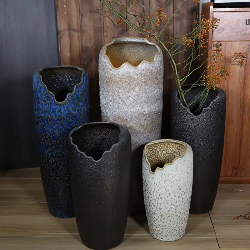 

Ceramic floor-to-ceiling retro high flower pot, living room flower utensil, European-style large vase notch, large mouth