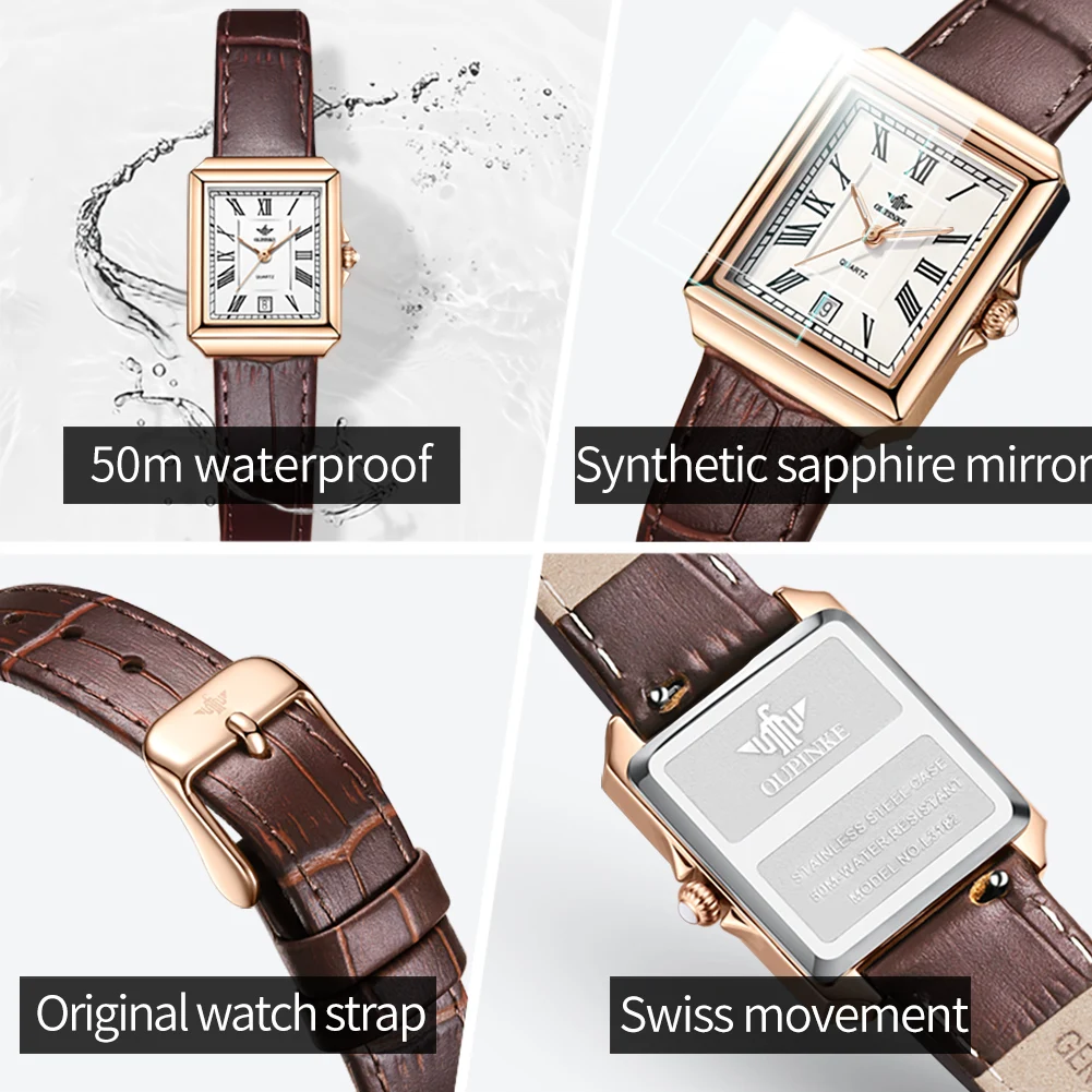 OUPINKE 3182 Reloj para mujer Reloj mecánico automático elegante de lujo ﻿   Relojes cuadrados con fecha y correa de cuero resistente al agua hasta 50M para mujer