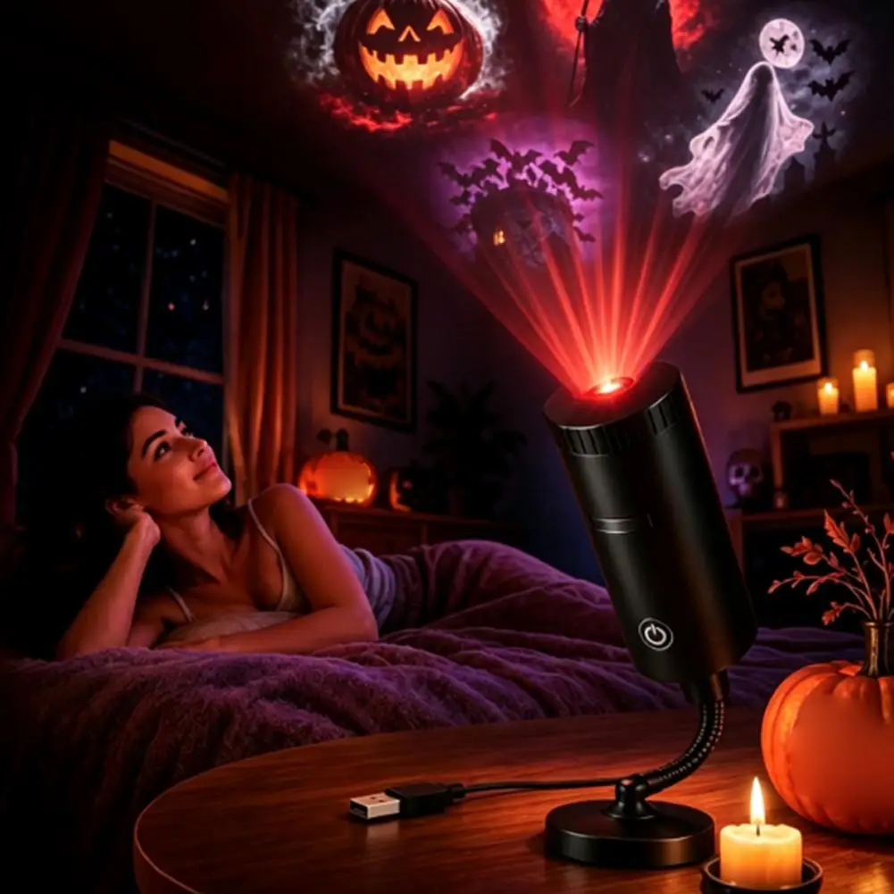 Spooky Halloween Lamp Multi‑Pattern LED Projector With Adjustable Flexible Neck Party Halloween Holiday Atmosphere Decor Light