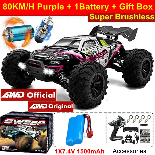 Super borstelloze 80 km of 50 km/u 4WD RC auto met LED-afstandsbediening auto's hoge snelheid drift racen 4x4 off-road vrachtwagen kind volwassen speelgoed