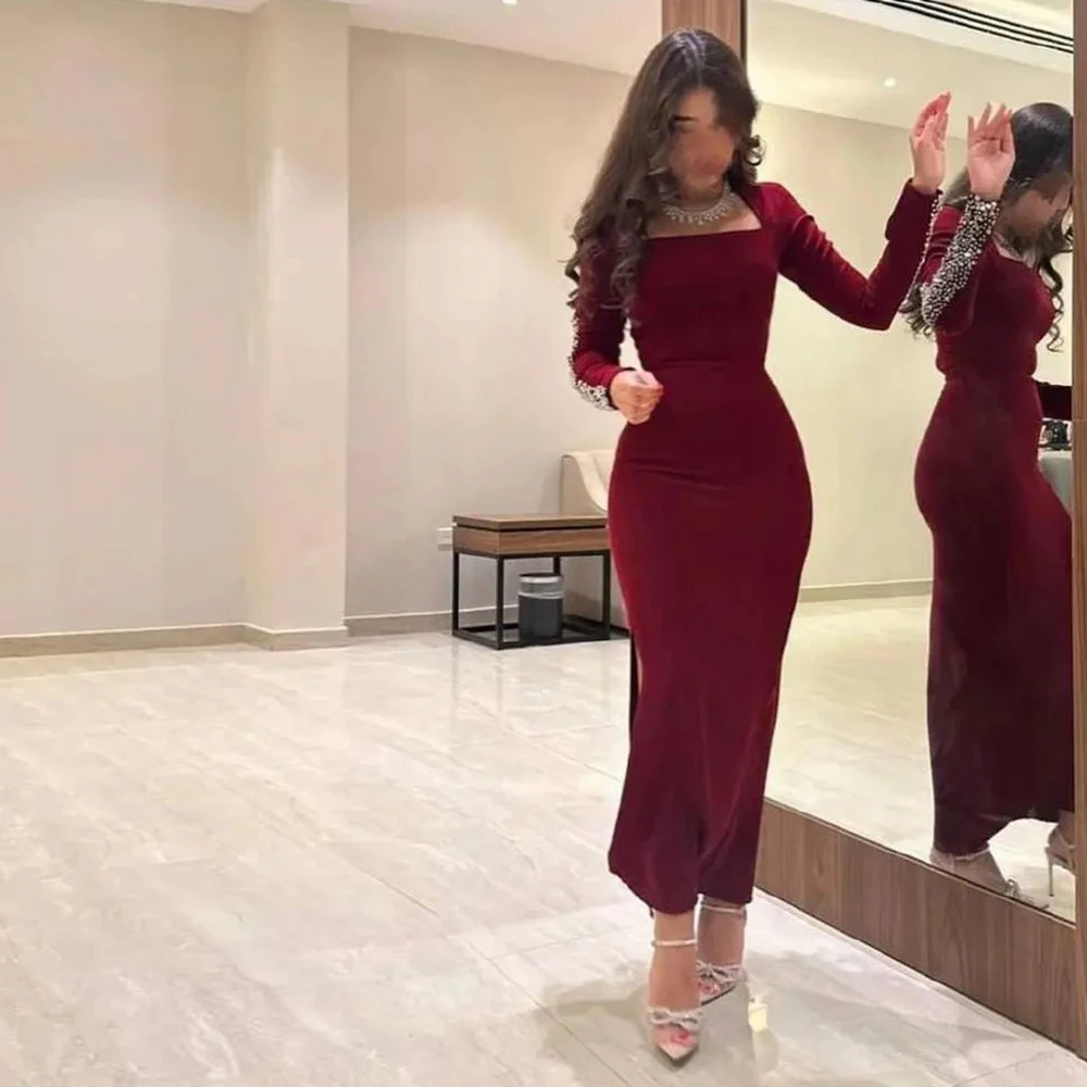 Customized Exquisite Burgundy Jersey Crystal Prom GownsFormal Mermaid Pleats Side Slit Ankle Length Square Neck Evening Dresses