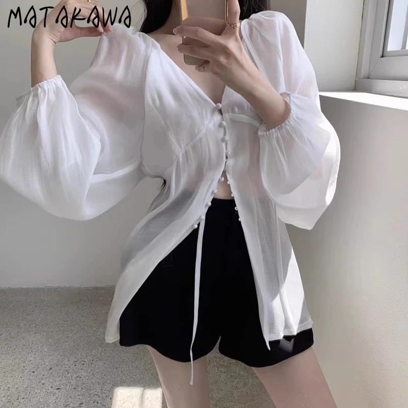 

Matakawa Puff Sleeve Women Shirts&blouses Solid Korean Fashion Chic Blusas Mujer Spring Autumn Simple Loose Elegant Camisas