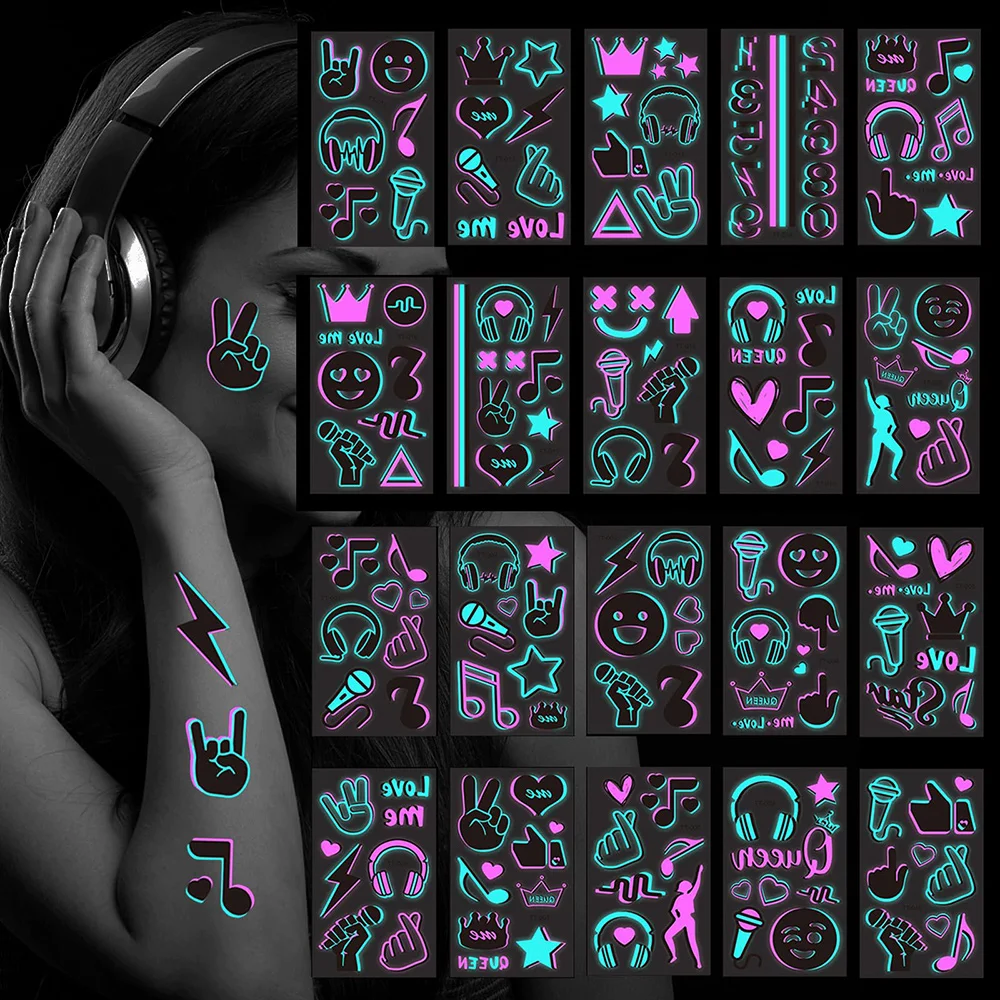 

10 Sheet Glow in Dark Temporary Tattoos Luminous Neon Pink Blue Music Crown Note Stickers Adults Party Concert Make up Fake Face